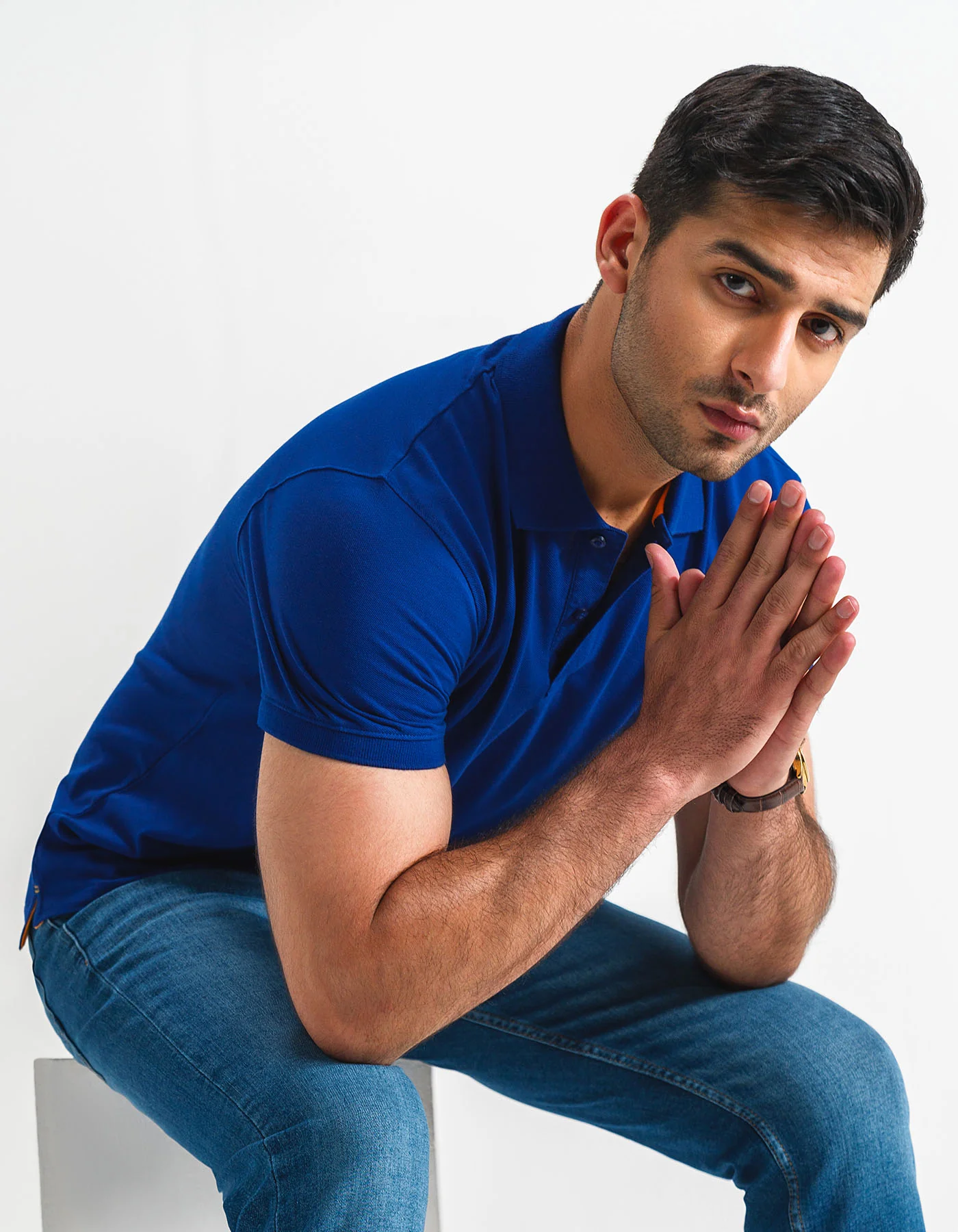 E Blue Plain Pique Polo Shirt - Image 3