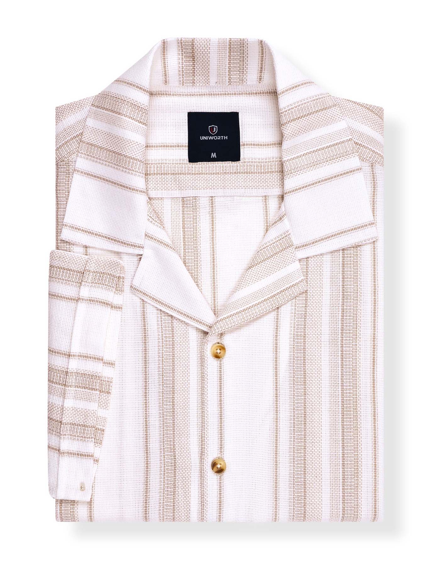 L Brown Stripe Cuban Collar Casual Shirt - Image 3
