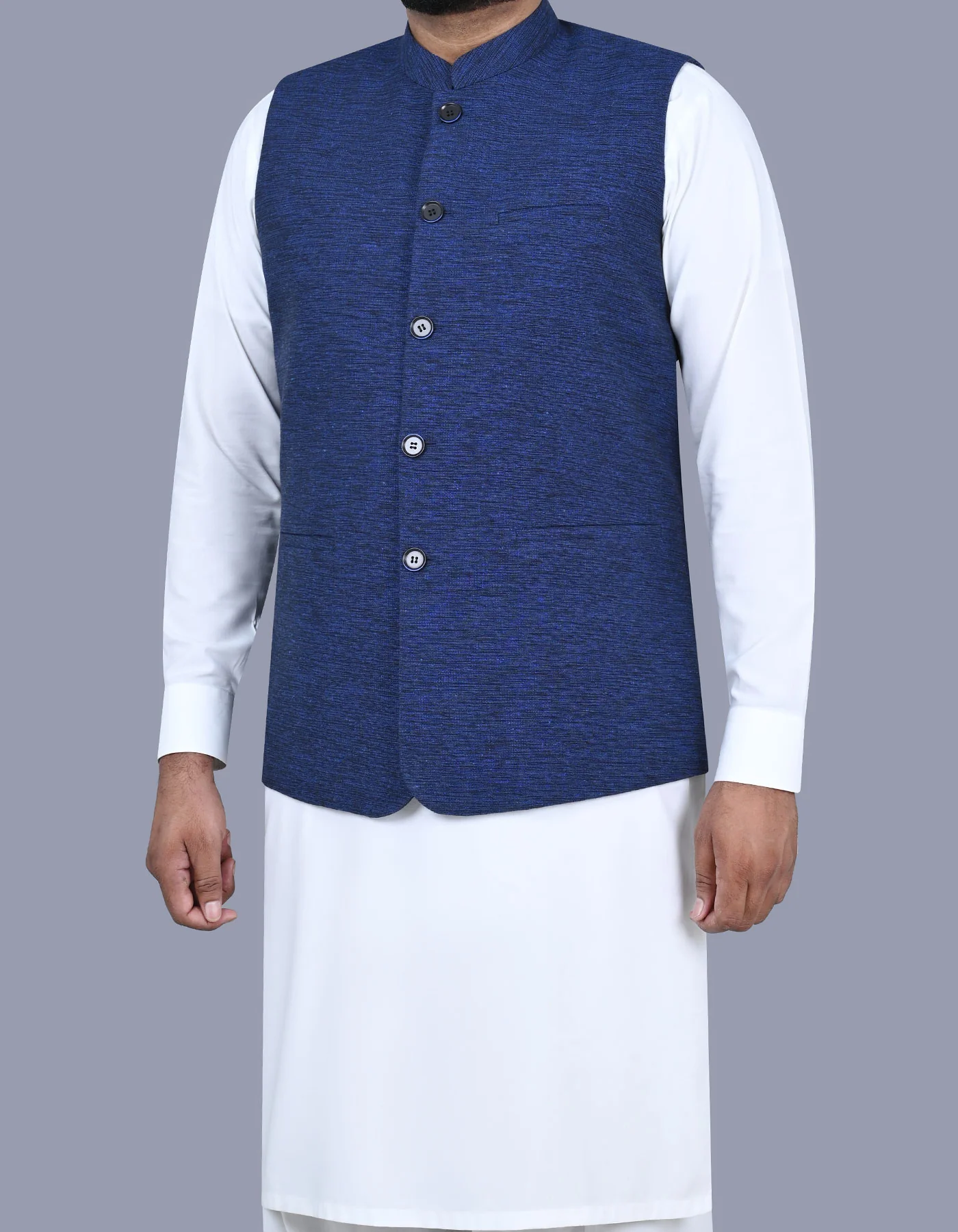 Navy Slub Classic Fit Waist Coat - Image 3