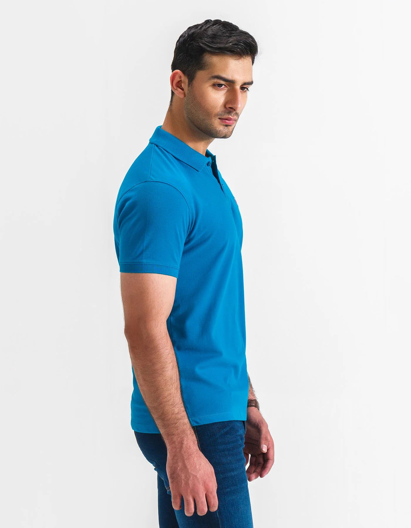 Turquoise Plain Pique Polo Shirt - Image 3